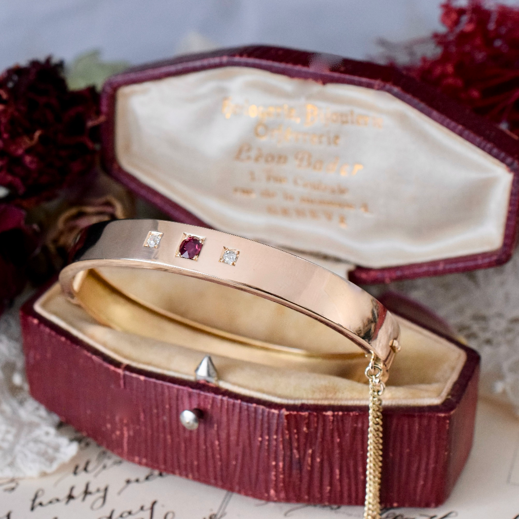 Antique Australian 15ct Rose Gold Diamond And Natural Ruby Bangle By ‘Wendt’ Circa 1910