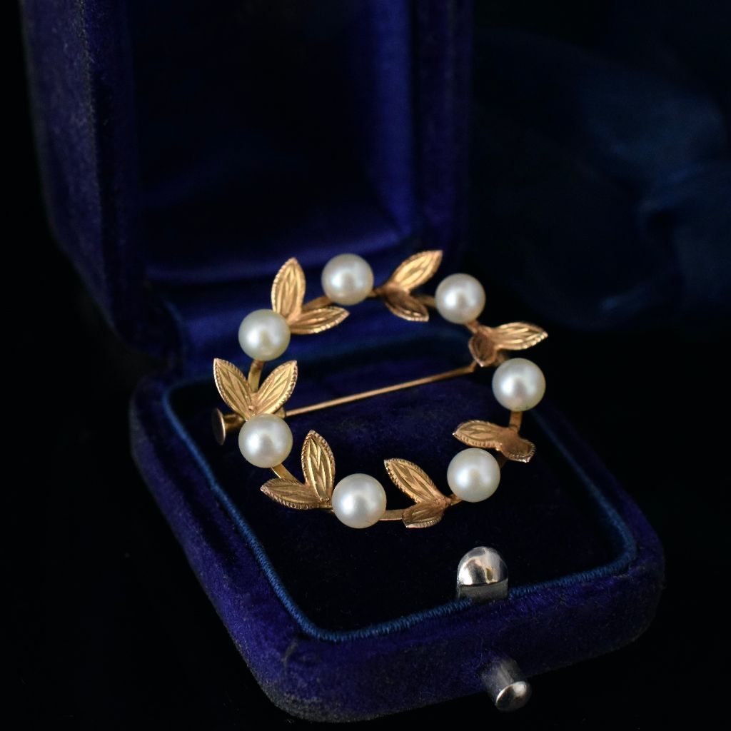 Vintage Mid-Century 14ct Rose Gold And Pearl ‘Wreath’ Brooch