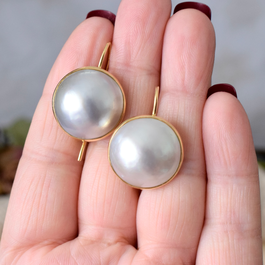 Modern 18ct Yellow Gold Large Mabe Pearl Drop Earrings