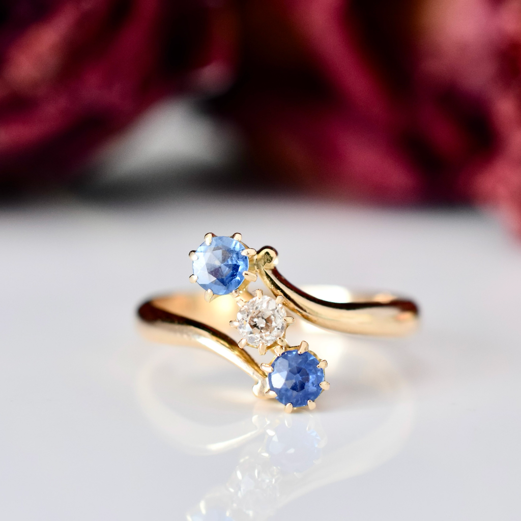 Early Australian Antique Edwardian Era 18ct Gold Sapphire And Diamond Trilogy Ring By A.Benjamin