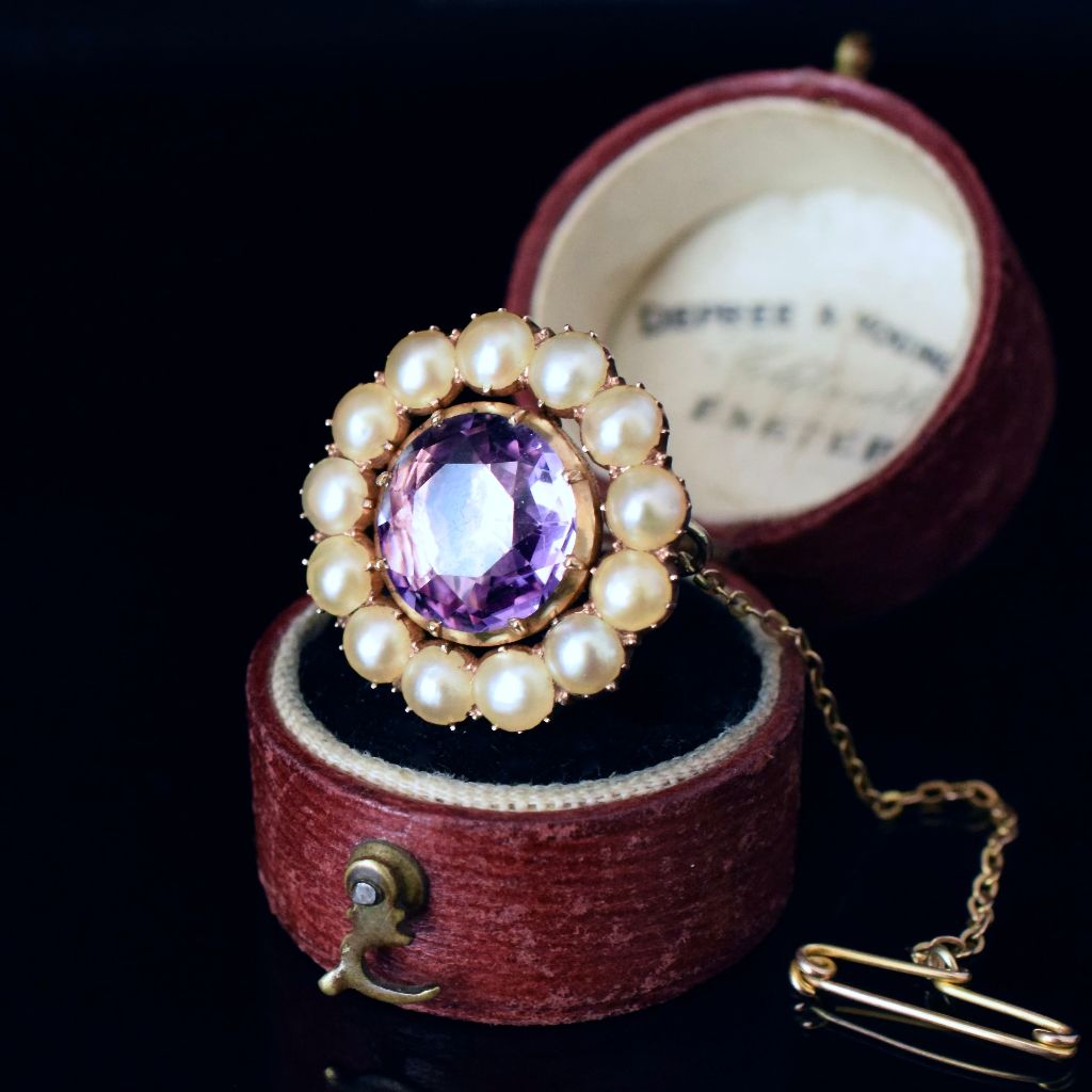 Antique Georgian/Early Victorian 12ct Rose Gold Amethyst And Pearl Brooch