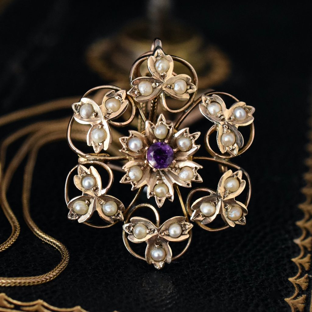 Antique 9ct Yellow Gold Seed Pearl And Amethyst Pendant/Brooch Circa 1910