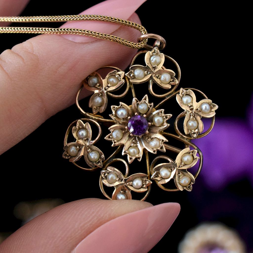 Antique 9ct Yellow Gold Seed Pearl And Amethyst Pendant/Brooch Circa 1910