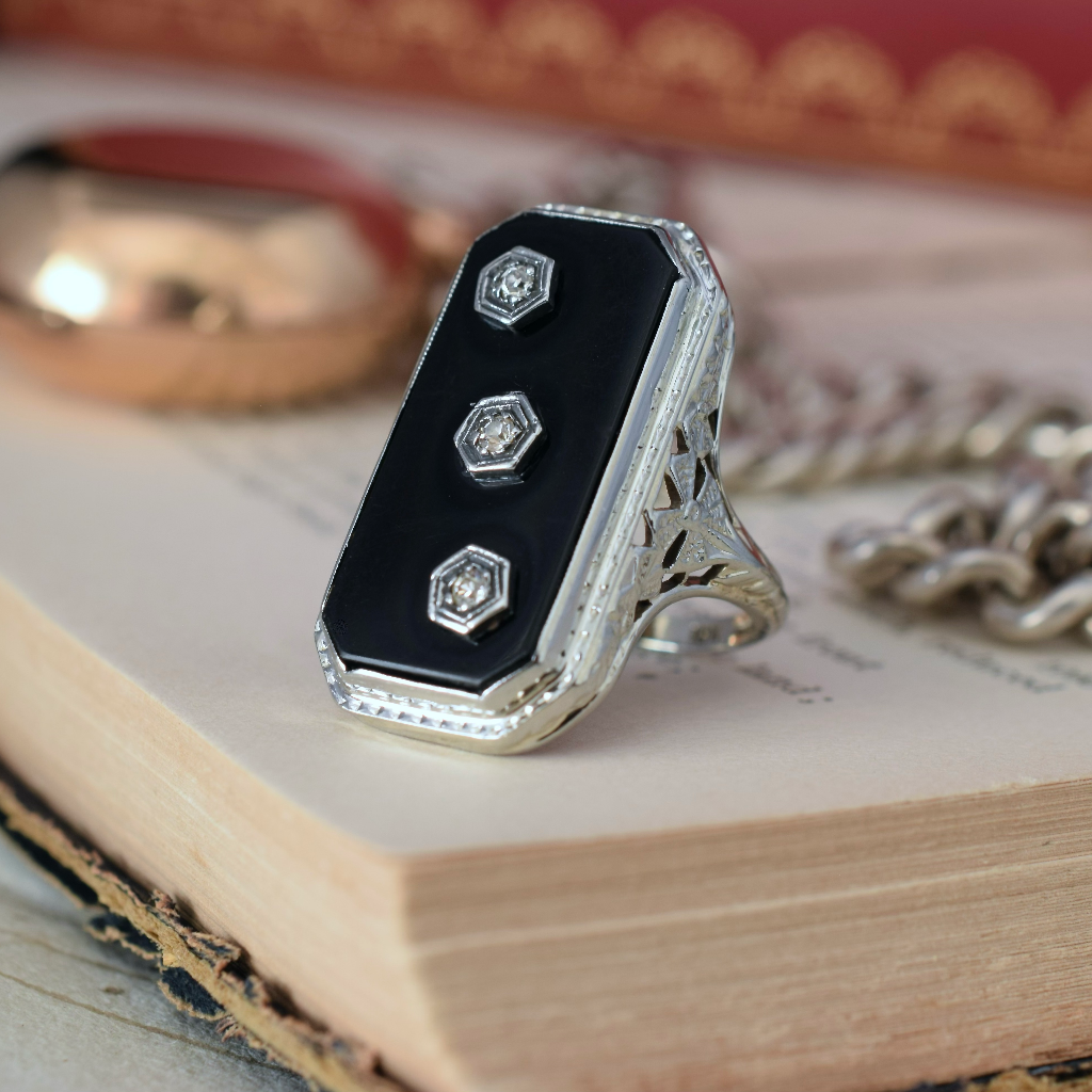 Antique Art Deco 18ct White Gold Onyx And Diamond Dinner Ring Circa 1925