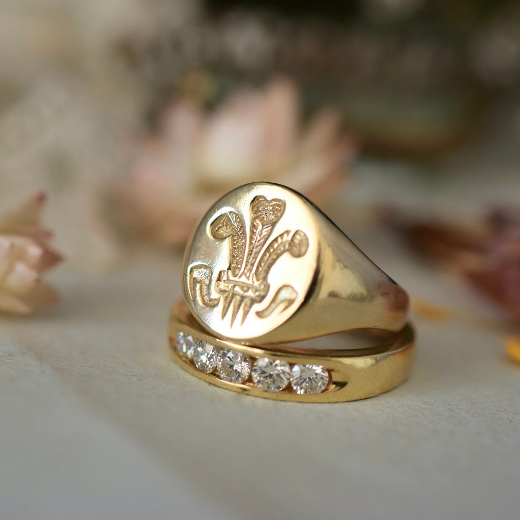 Modern 9ct Yellow Gold Signet Ring ‘Prince Of Wales Feathers’