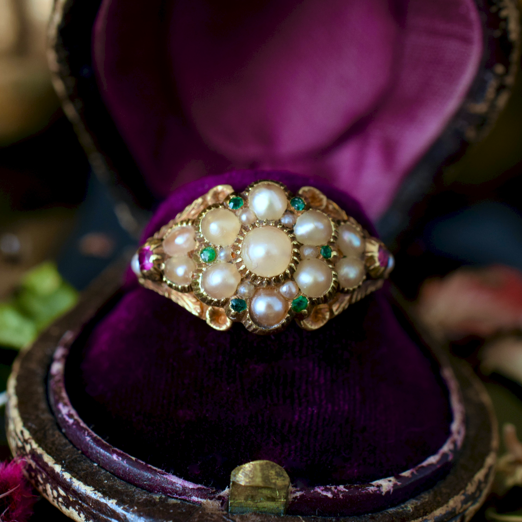 Georgian 15ct Pearl Ruby Emerald Flower Head Ring Circa 1820