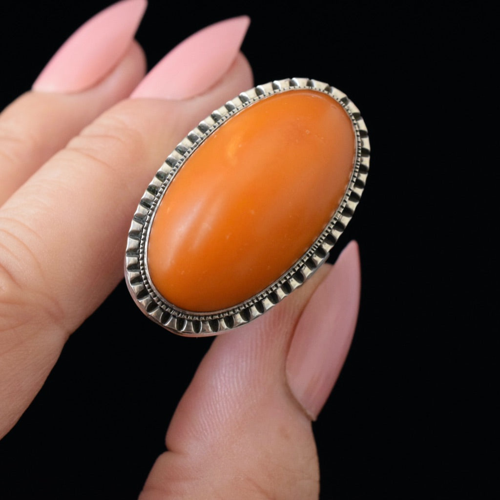 Vintage Silver And Egg Yolk Butterscotch Amber Ring - Poland