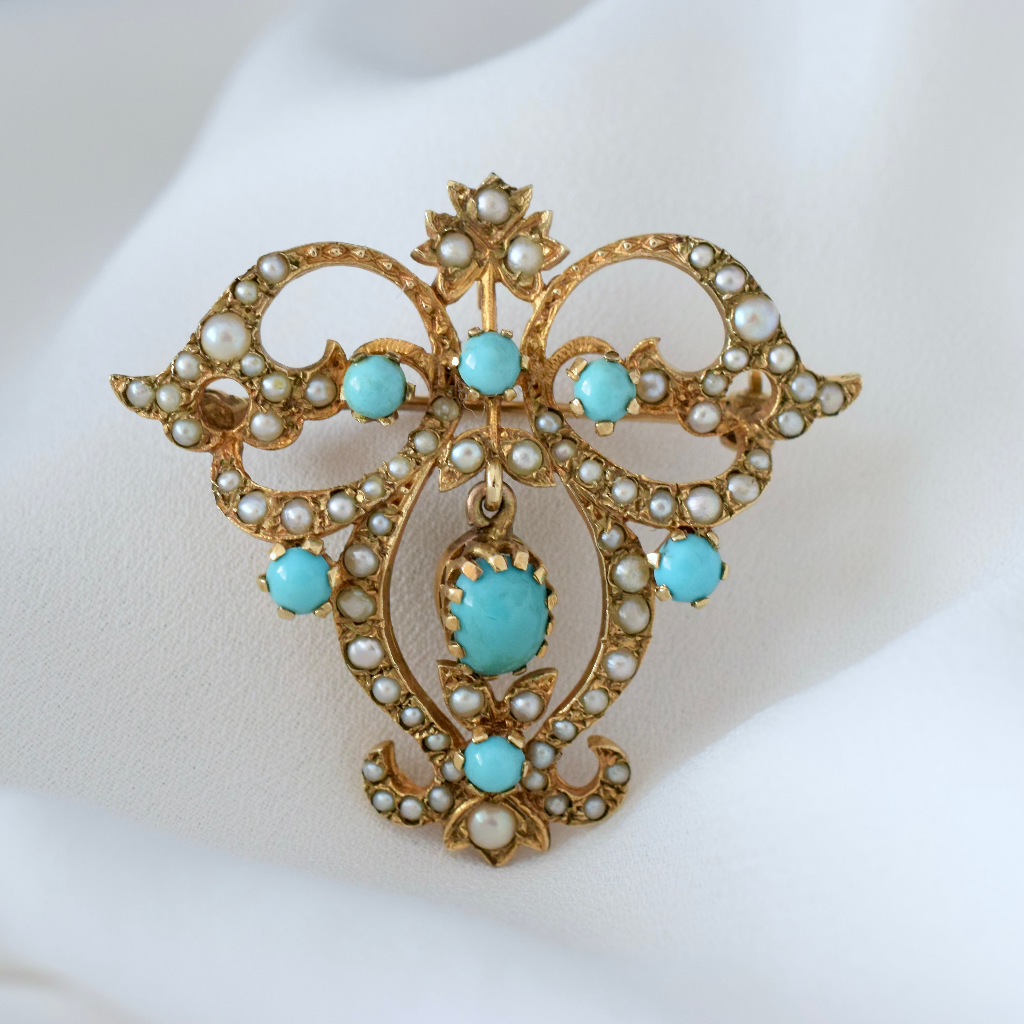 Vintage Victorian Style 9ct Yellow Gold Turquoise Seed Pearl Pendant/Brooch London 1965
