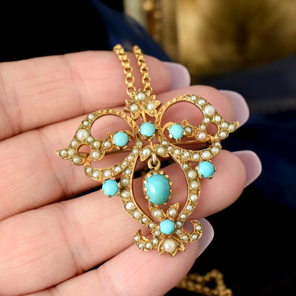 Vintage Victorian Style 9ct Yellow Gold Turquoise Seed Pearl Pendant/Brooch London 1965