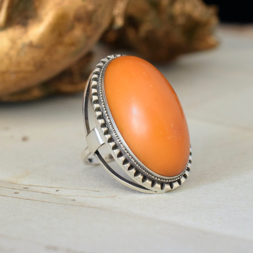 Vintage Silver And Egg Yolk Butterscotch Amber Ring - Poland