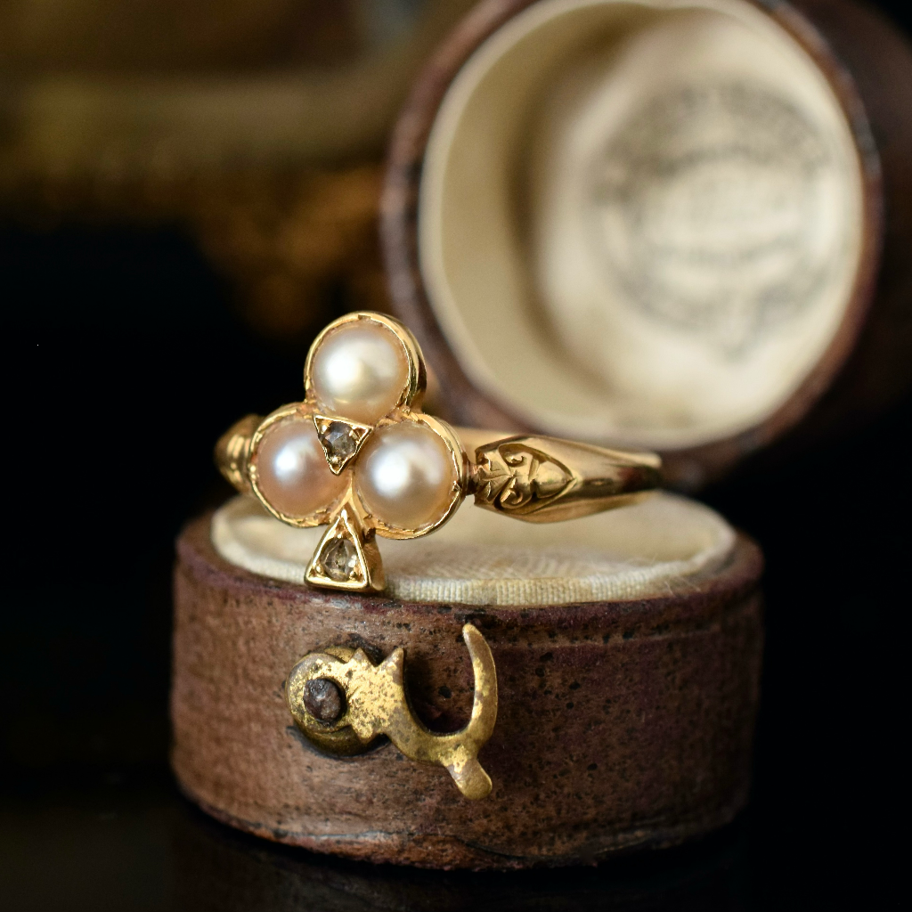 Antique Edwardian 18ct Yellow Gold Diamond And Pearl 'Shamrock' Ring
