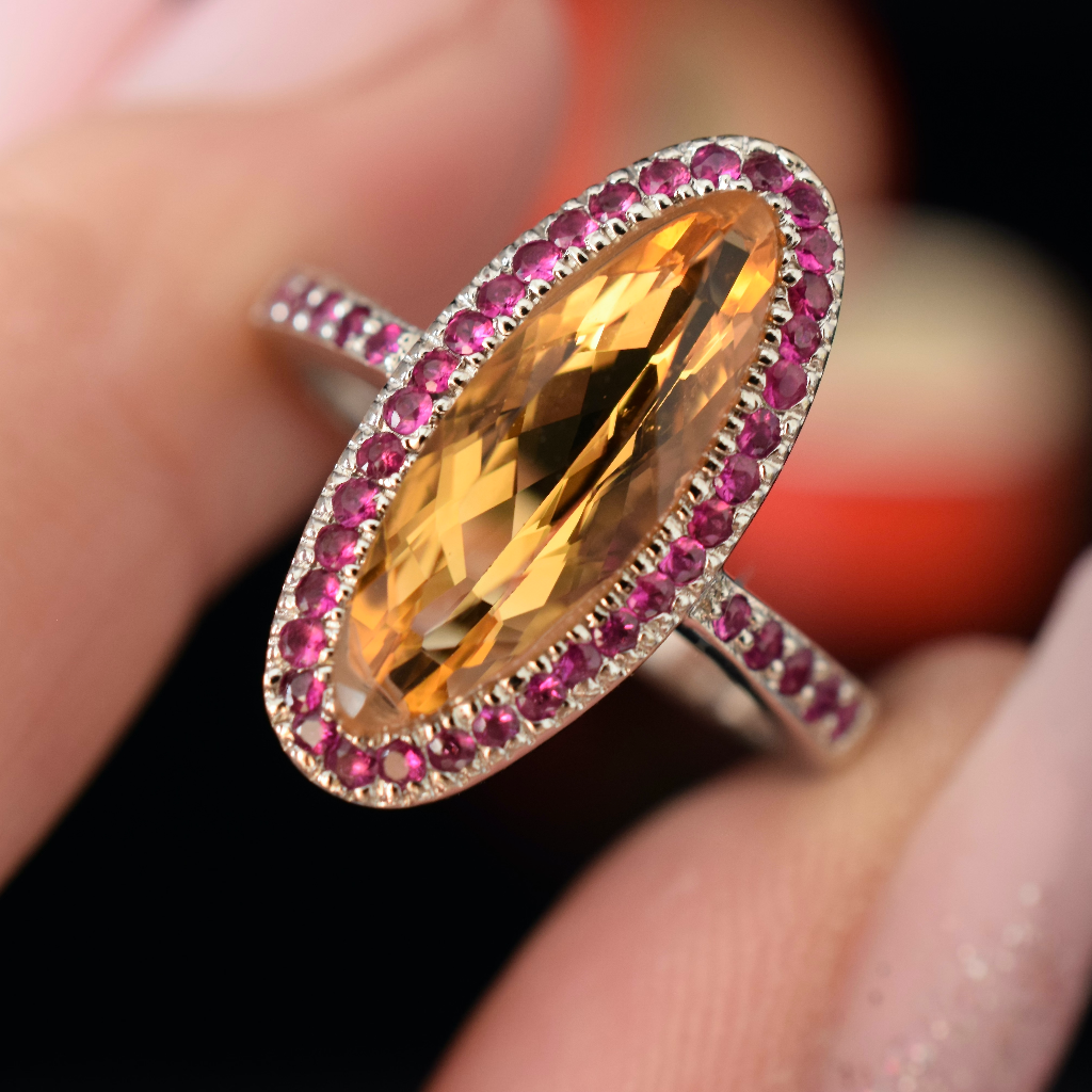 Modern 18ct White Gold Citrine And Ruby Halo Ring
