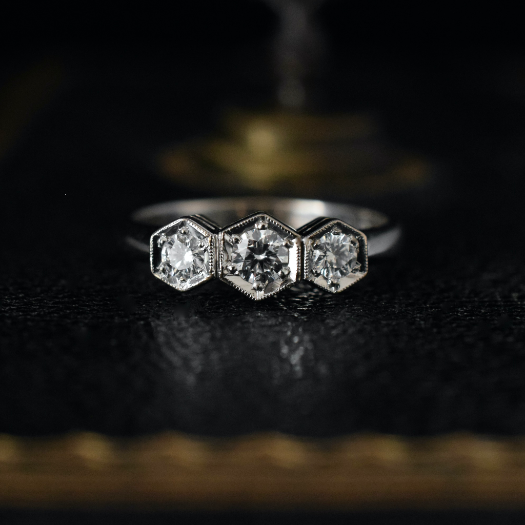 Modern Art Deco Style 18ct White Gold Diamond Trilogy Ring (2014 Valuation Included In Purchase For - $3900)