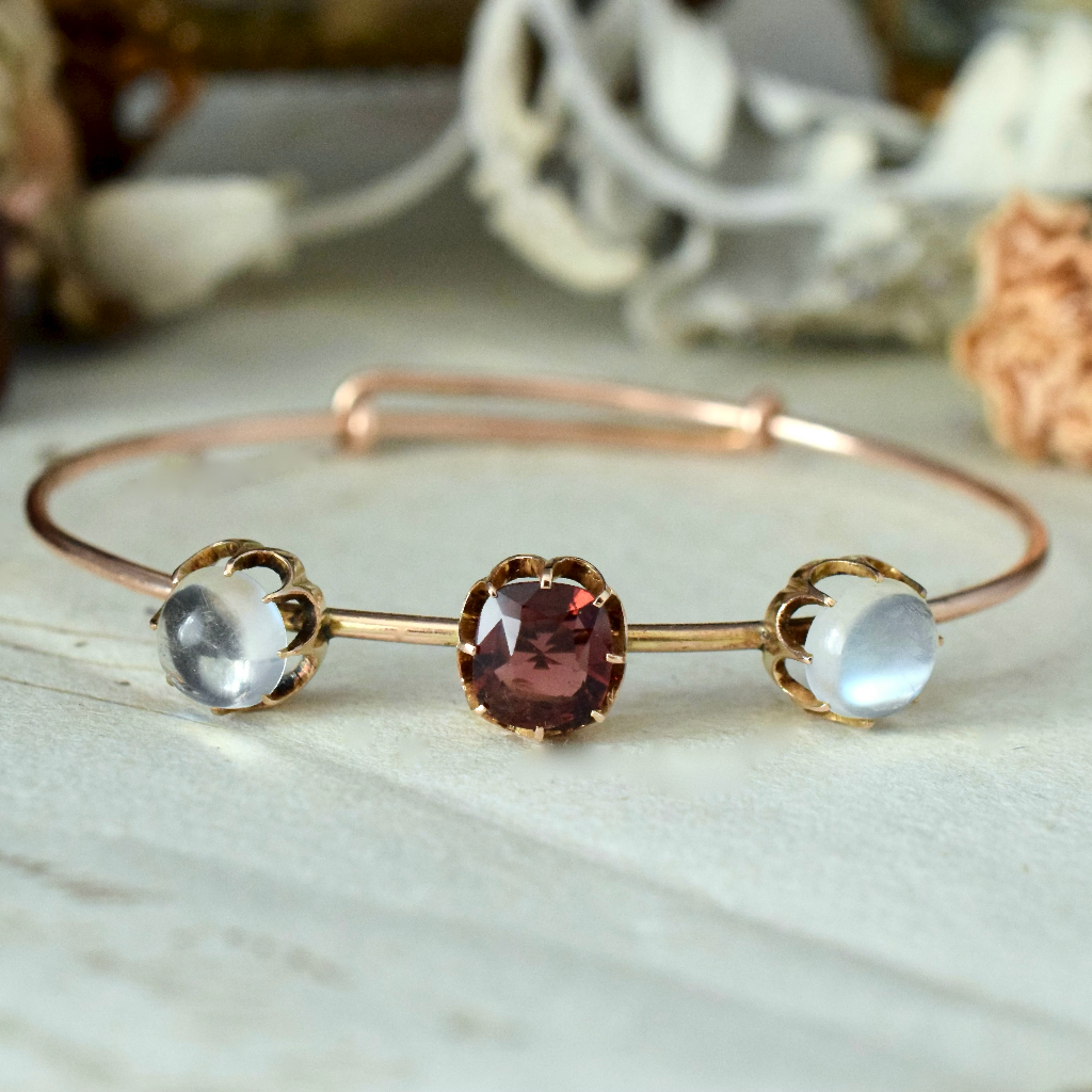 Antique Edwardian 9ct Rose Gold Garnet And Moonstone Bangle Circa 1910