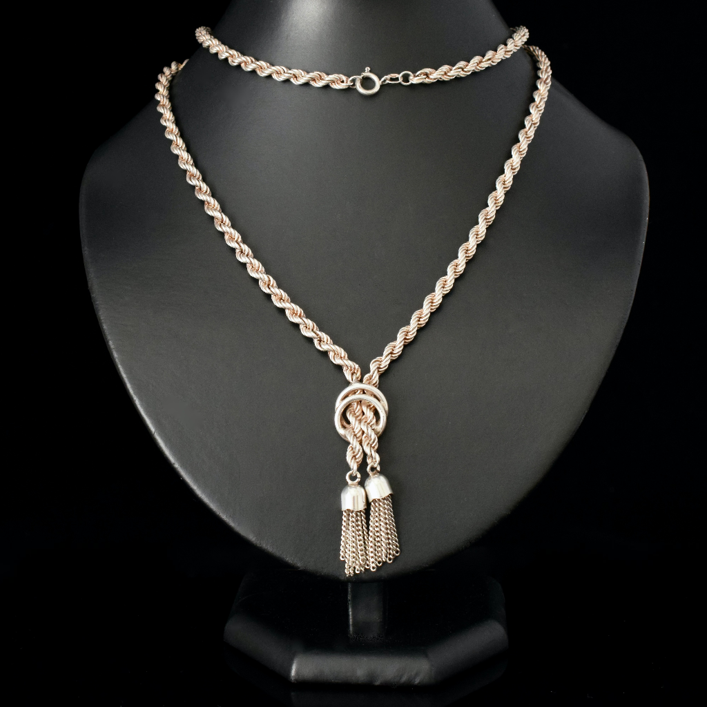 Vintage Sterling Silver Rope Twist Lariat Tassel Necklace