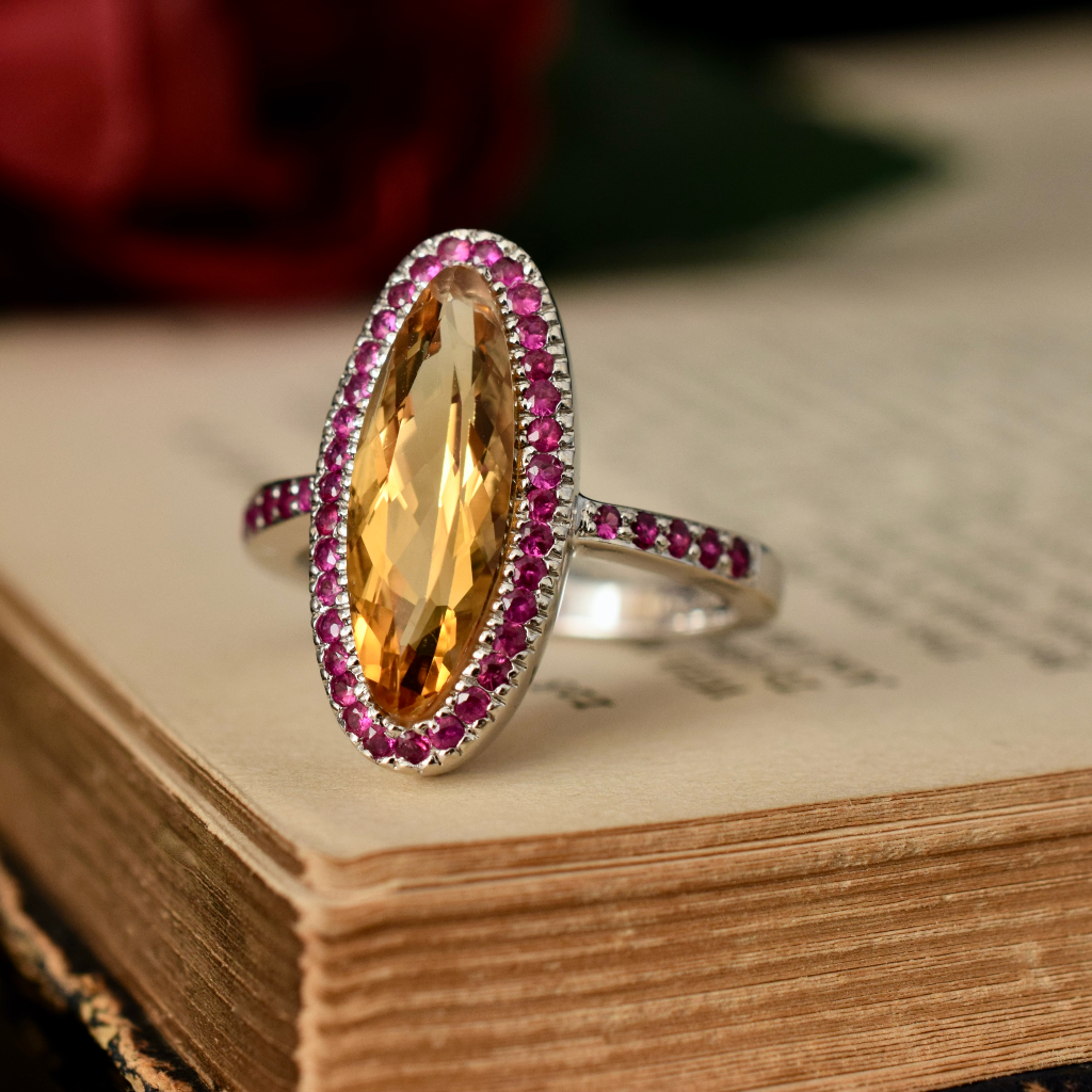 Modern 18ct White Gold Citrine And Ruby Halo Ring