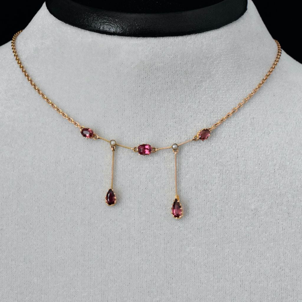 Antique Edwardian Garnet Seed Pearl Lavaliere By William Dunkling Circa 1910