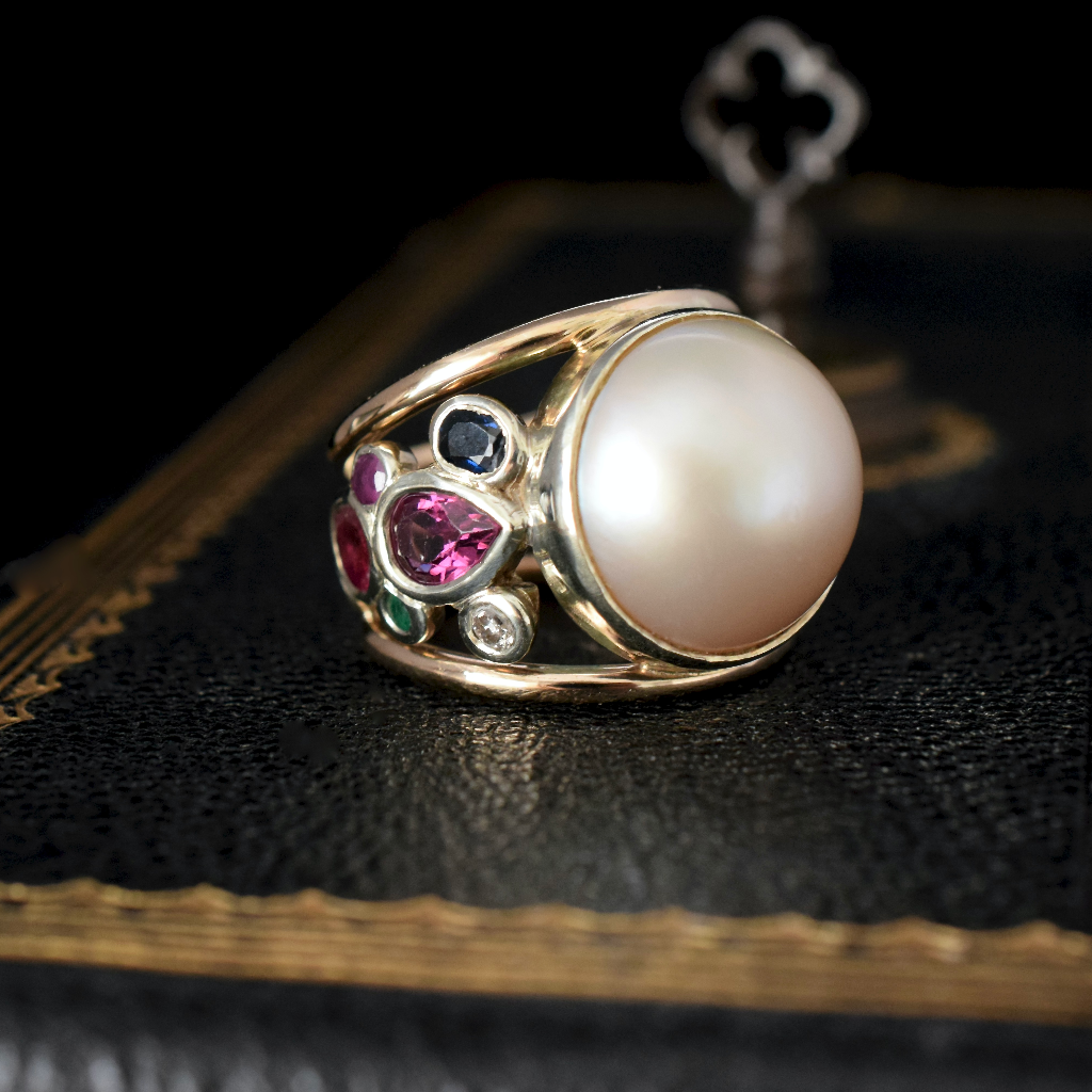 Modern 18ct Yellow Gold Mabe Pearl Sapphire, Ruby, Emerald Diamond Ring (Independent Valuation Included In Purchase For - $8000)