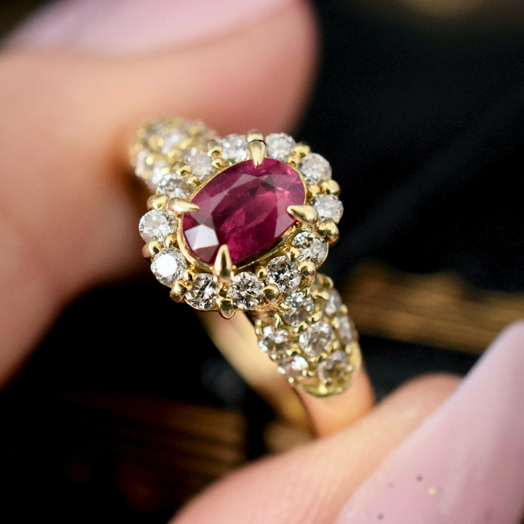 Modern 18ct Yellow Gold Ruby And Diamond Cluster Ring Independent Retail Replacement Valuation Included $4,750.00