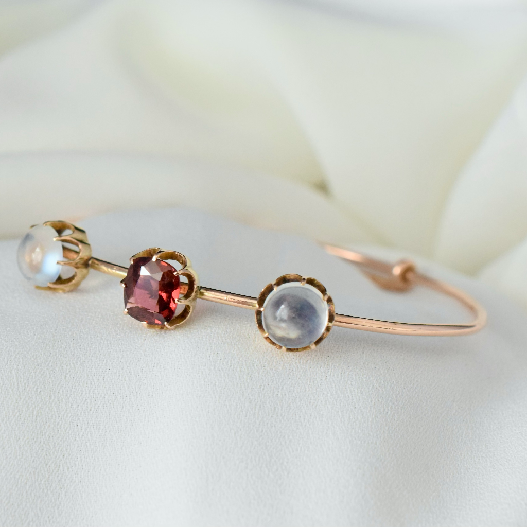 Antique Edwardian 9ct Rose Gold Garnet And Moonstone Bangle Circa 1910