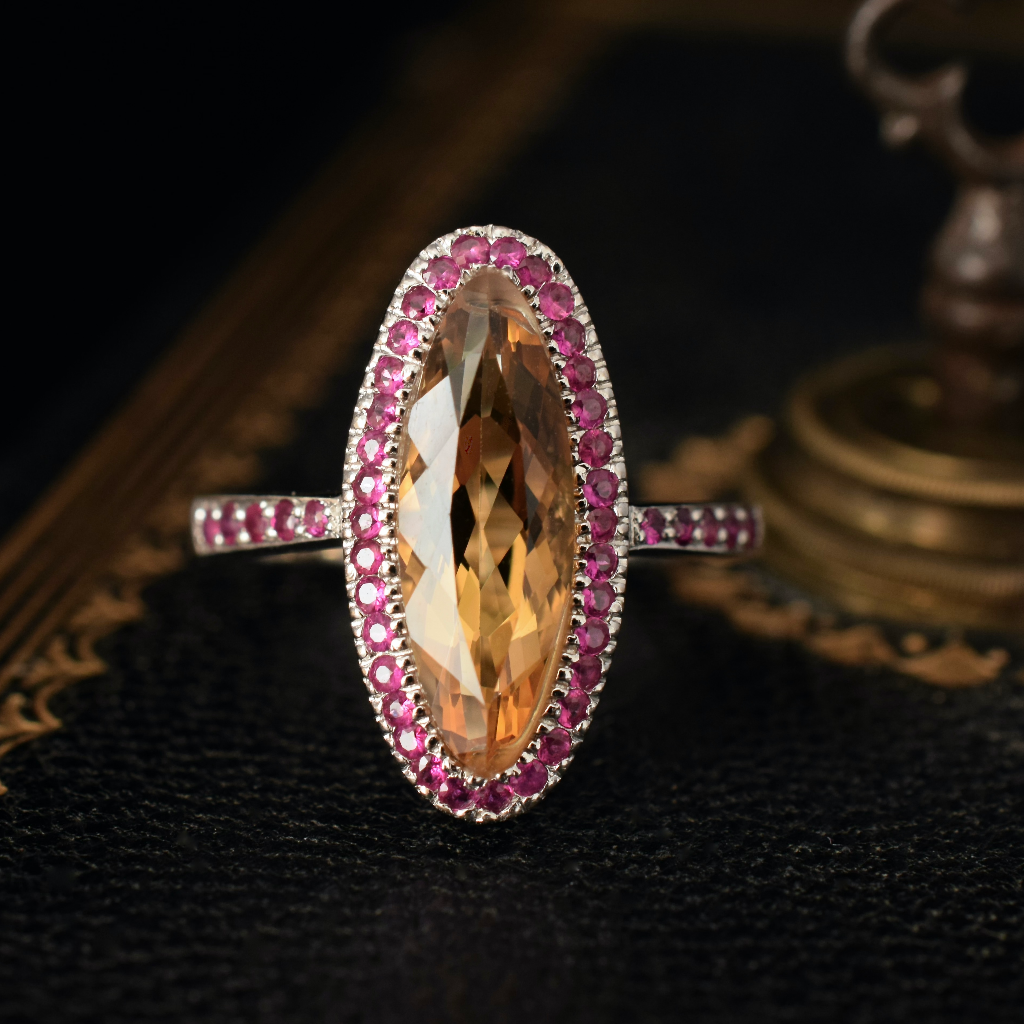 Modern 18ct White Gold Citrine And Ruby Halo Ring