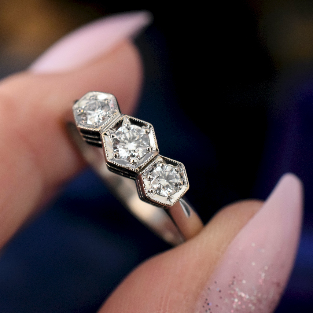 Modern Art Deco Style 18ct White Gold Diamond Trilogy Ring (2014 Valuation Included In Purchase For - $3900)