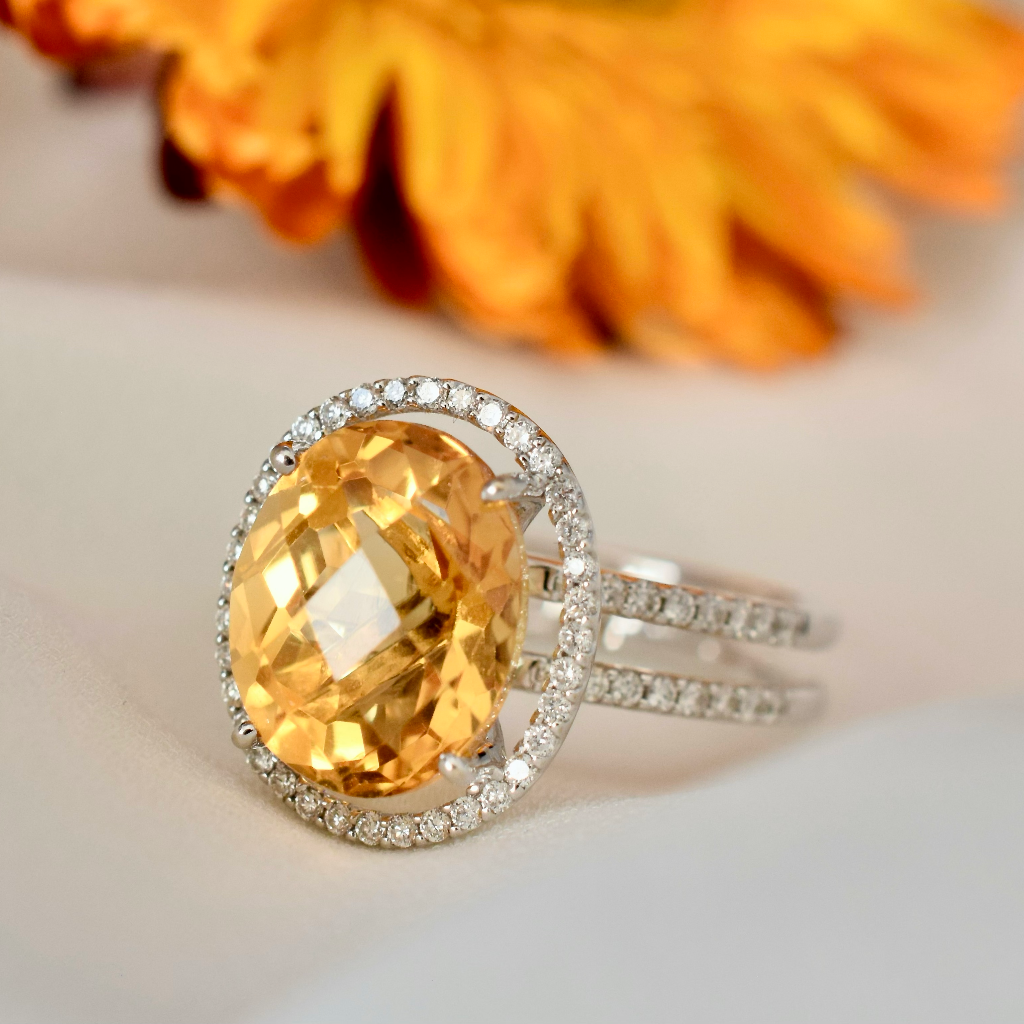 Modern 18ct White Gold Citrine And Diamond Ring