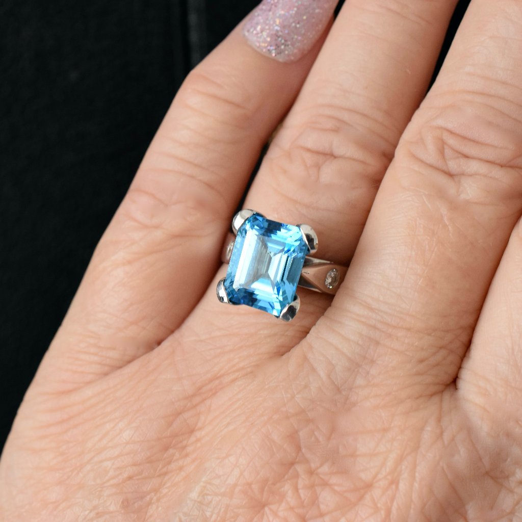 Modern 18ct White Gold Swiss Blue Topaz And Diamond Ring Independent Valuation Included In Purchase For - $3,990
