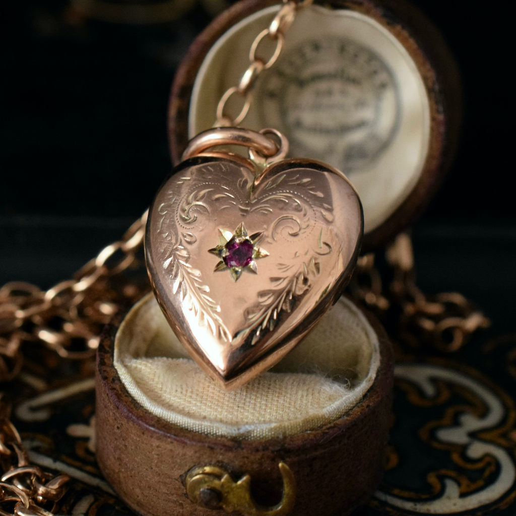 Antique 9ct Rose Gold Garnet Heart Pendant By Robert Rollason Circa 1910