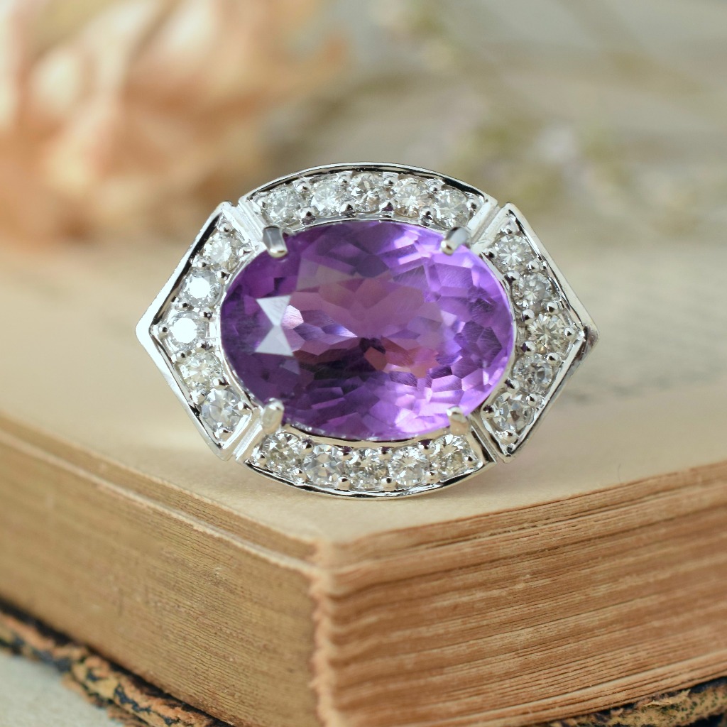 Modern 14ct White Gold Amethyst And Diamond Ring