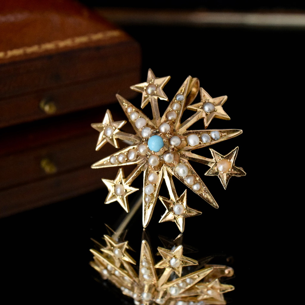 Antique Edwardian 15ct Yellow Gold Turquoise Seed Pearl Starburst Brooch/Pendant