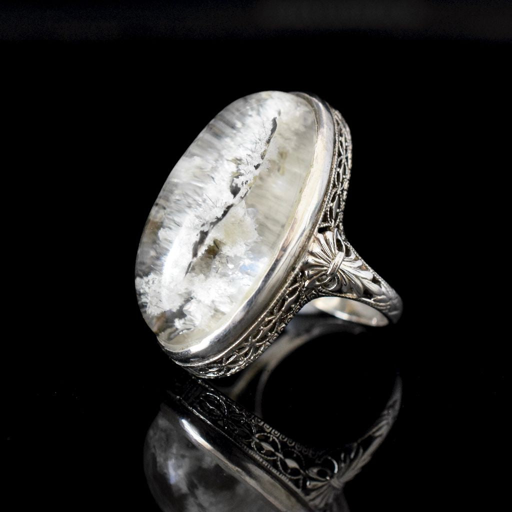 Modern Art Deco Style 14ct White Gold Sagentic Quartz Ring