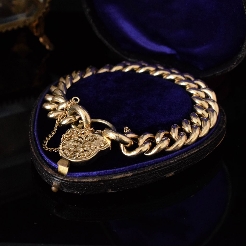 Modern Heavy 9ct Yellow Gold Curb-link Garnet Padlock Bracelet 45.9 Grams