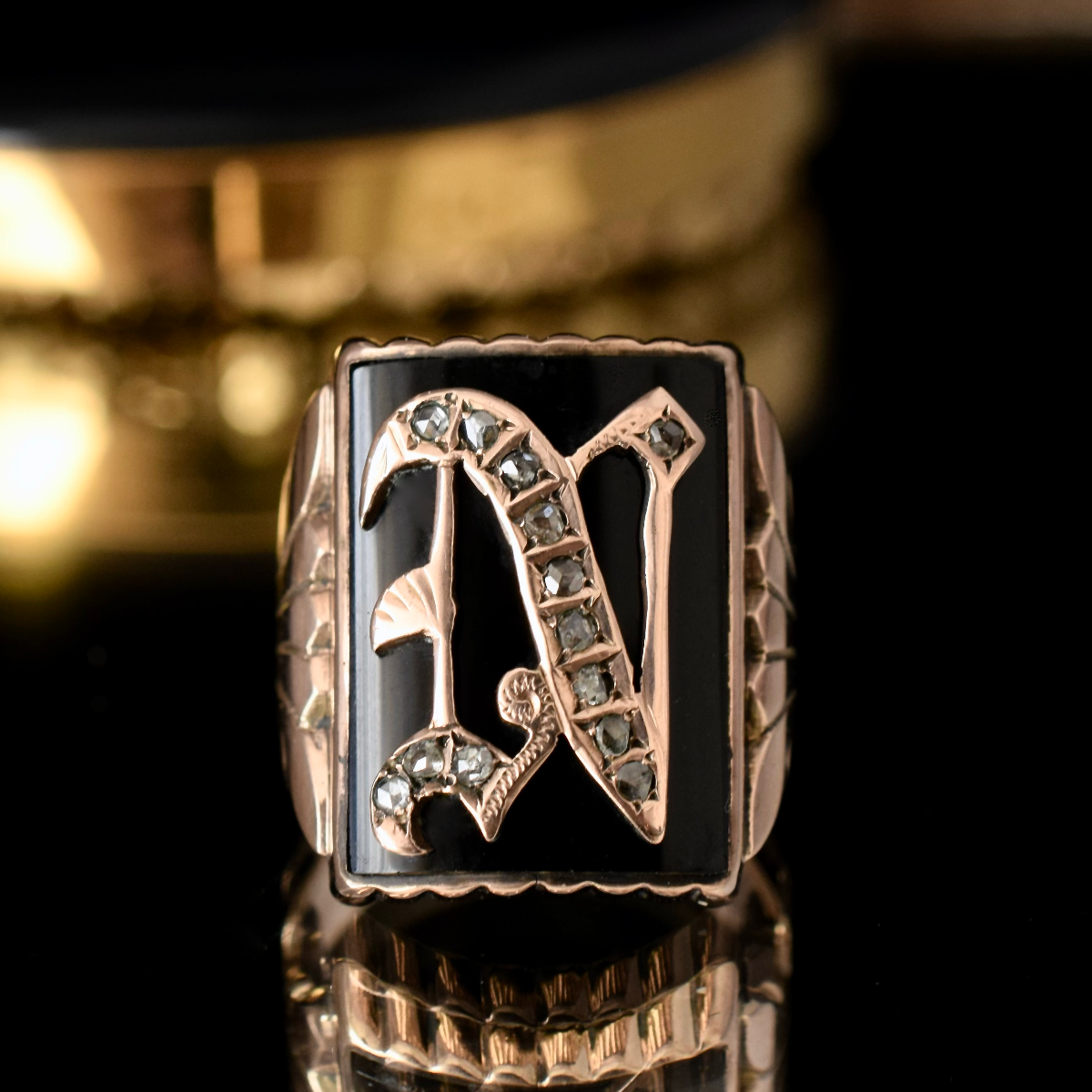 Antique Art Deco 9ct Rose Gold, Onyx And Diamond ’N’ Initial Ring Circa 1930