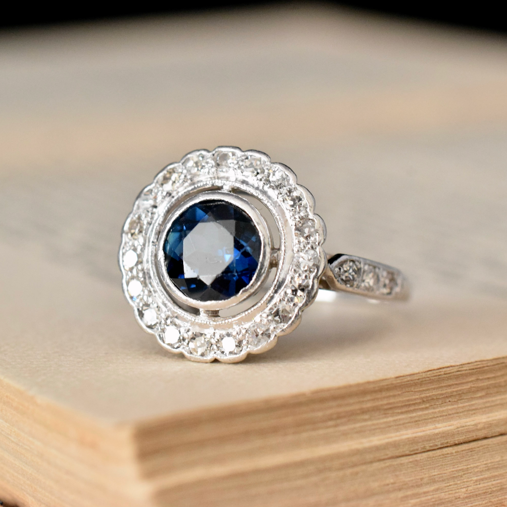 Antique Art Deco 18ct White Gold Sapphire And Diamond Halo Ring Independent Valuation Included In Purchase For $3865 AUD