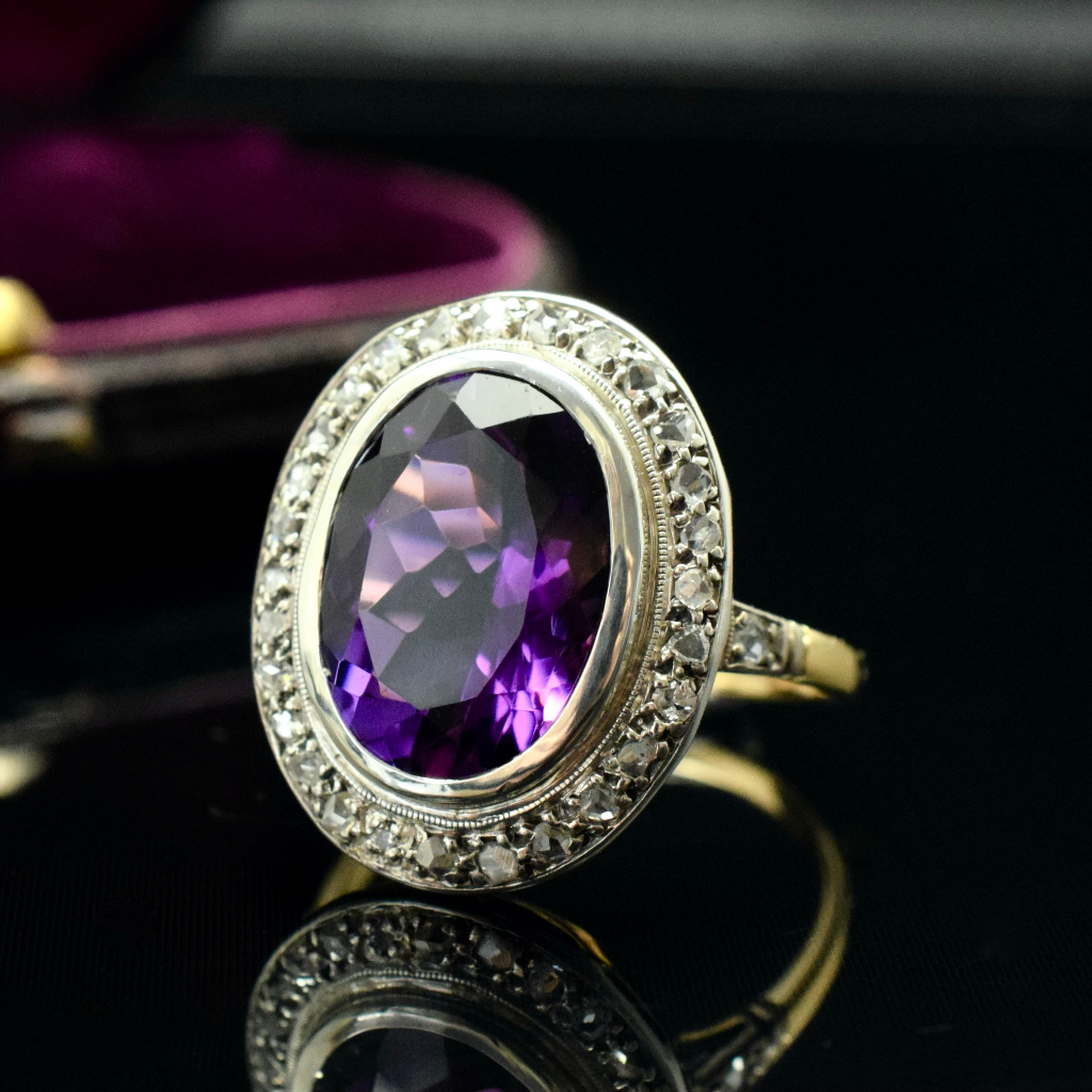Vintage 18ct Yellow Gold Amethyst Rose Cut Diamond Halo Ring circa 1940 Independent Valuation Included In Purchase For $3,300 AUD