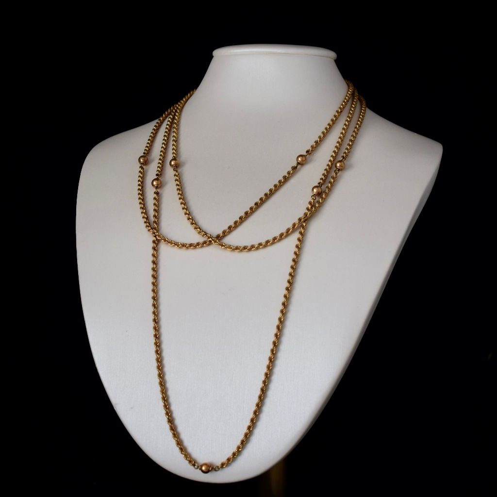 Antique Rolled Gold Rope Twist And Ball Fancy Guard Chain Circa 1900