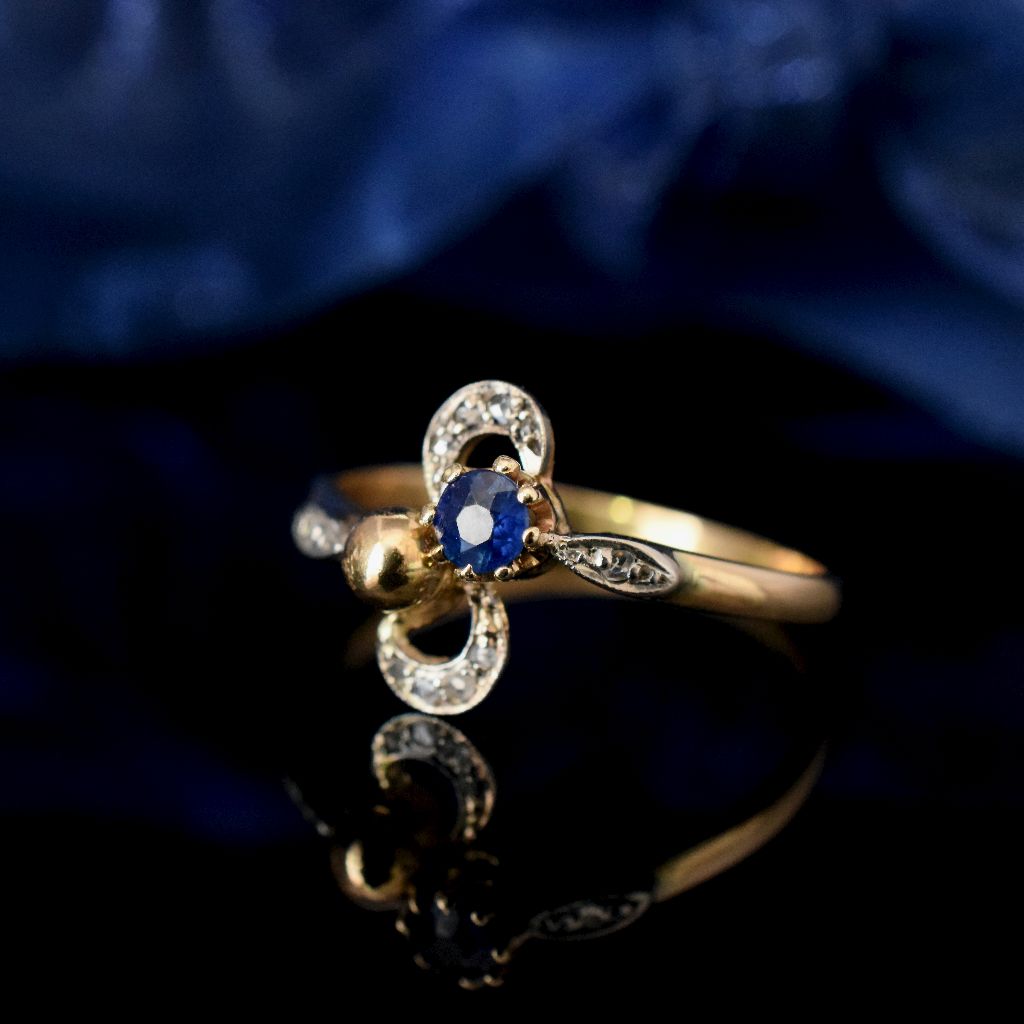 Antique 15ct Yellow Gold Art Nouveau Sapphire And Diamond Ring