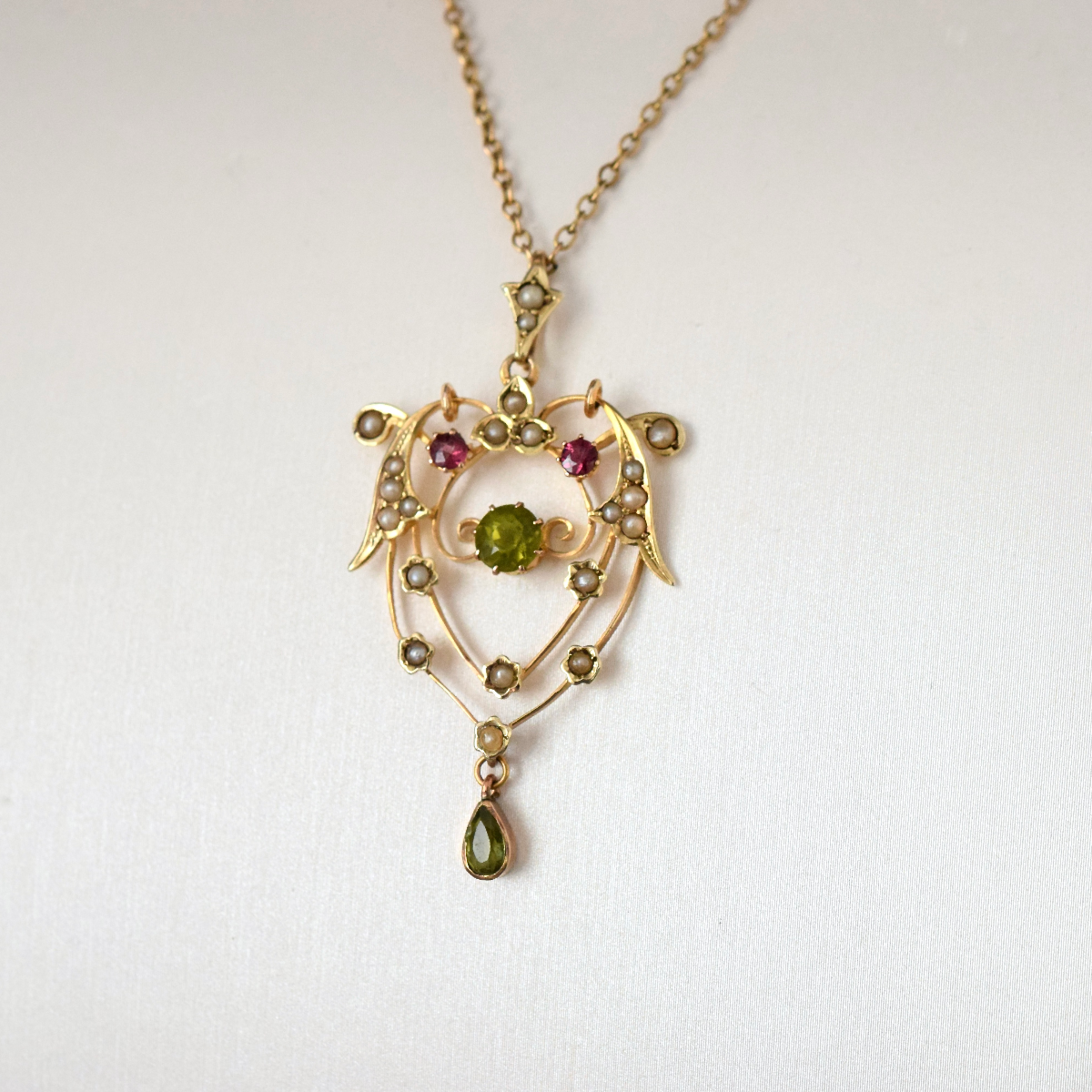 Antique Edwardian 9ct Yellow Gold Peridot, Garnet, Seed Pearl Lavaliere