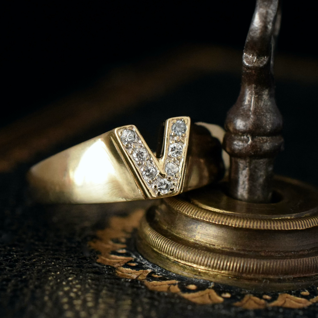 Modern 9ct Yellow Gold And Diamond ‘V’ Initial Ring