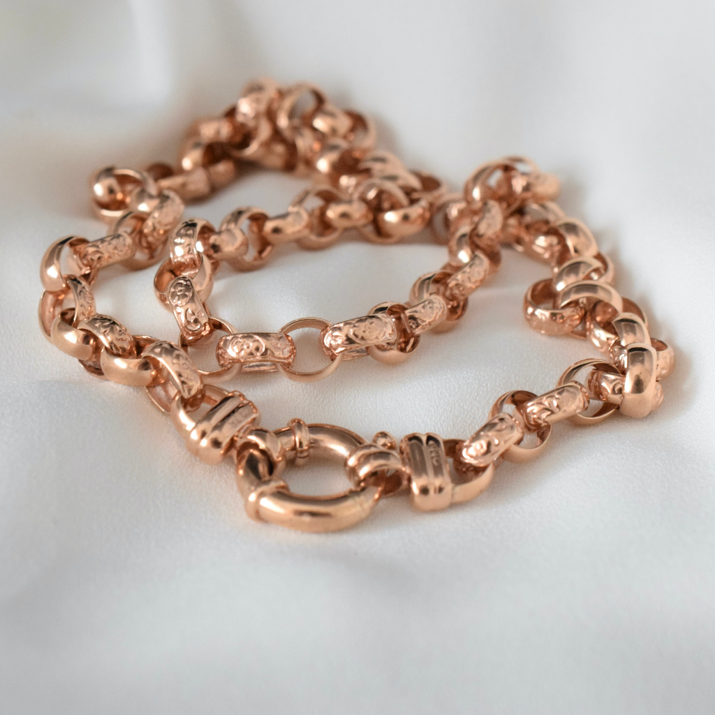 Modern 9ct Rose Gold Fancy Floral Belcher Link Necklace 31 Grams Independent Valuation Included With Purchase $6500.00 AUD