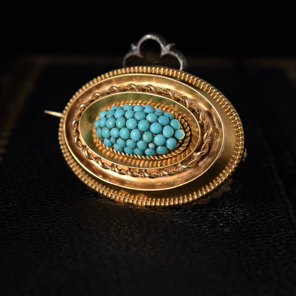 Antique 15ct Yellow Gold And Turquoise Photo Locket Brooch Circa 1875-1880