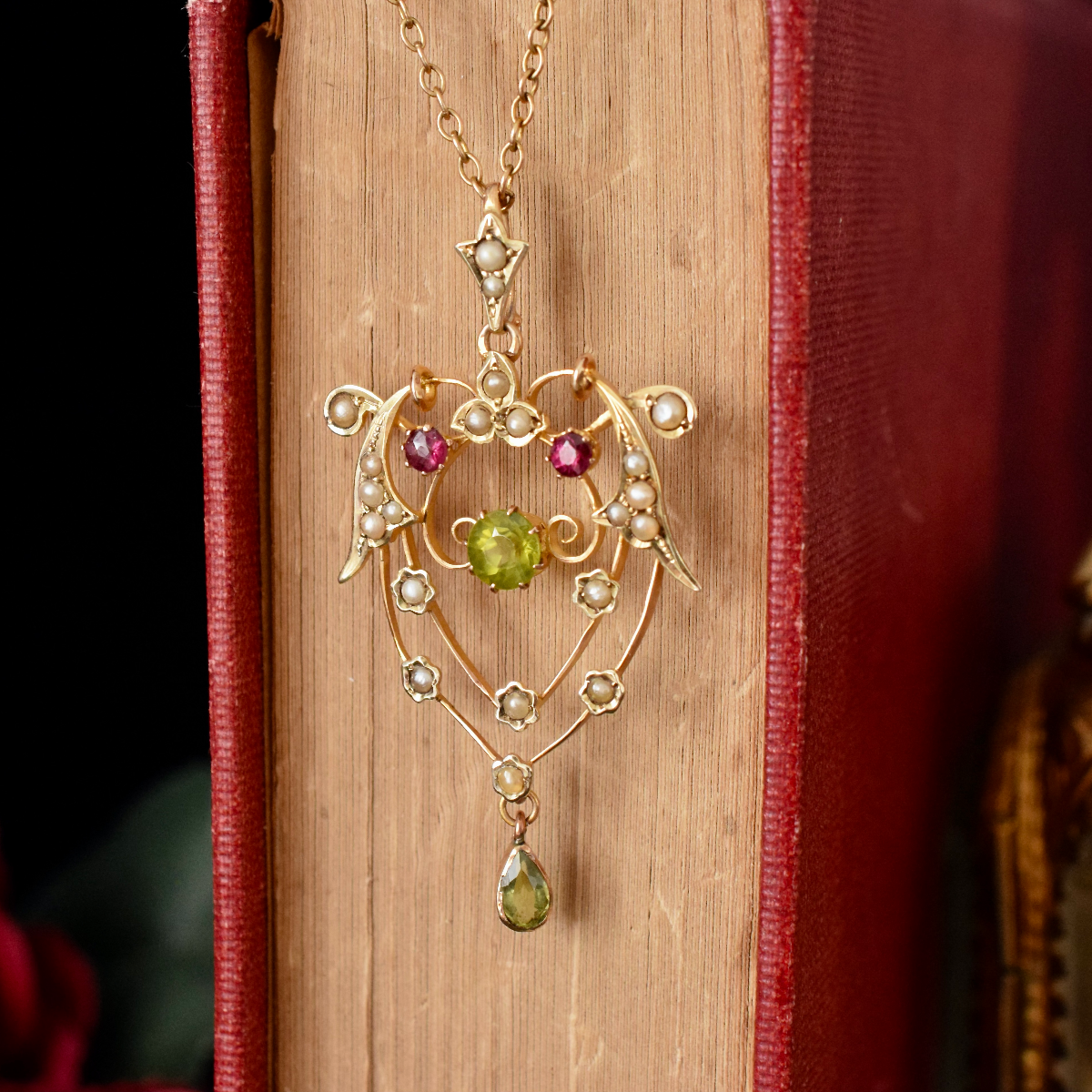 Antique Edwardian 9ct Yellow Gold Peridot, Garnet, Seed Pearl Lavaliere