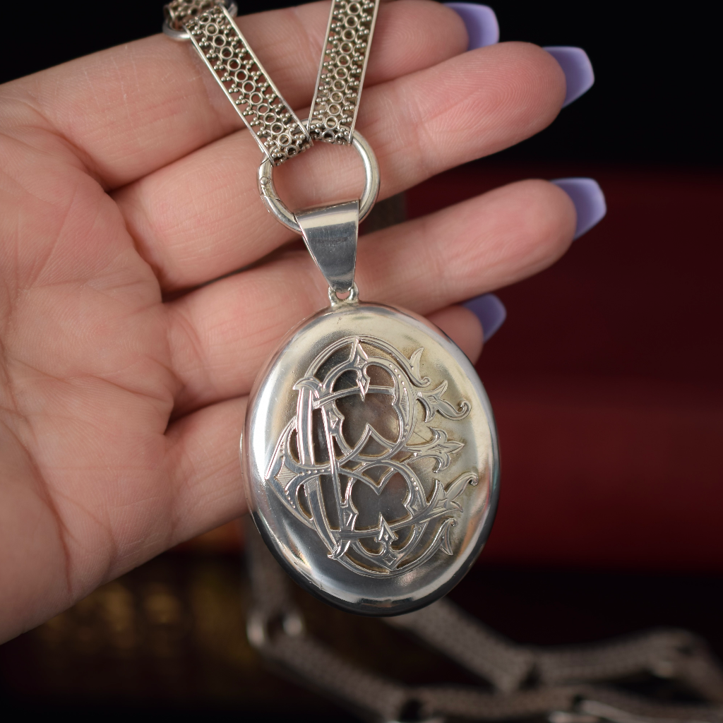 Antique Victorian Sterling Silver Locket Circa 1890 And Vintage Sterling Bookchain