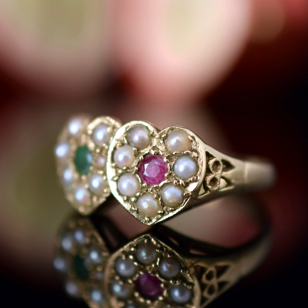 Vintage 9ct Yellow Gold Emerald, Ruby, Pearl Double Heart Ring London 1976