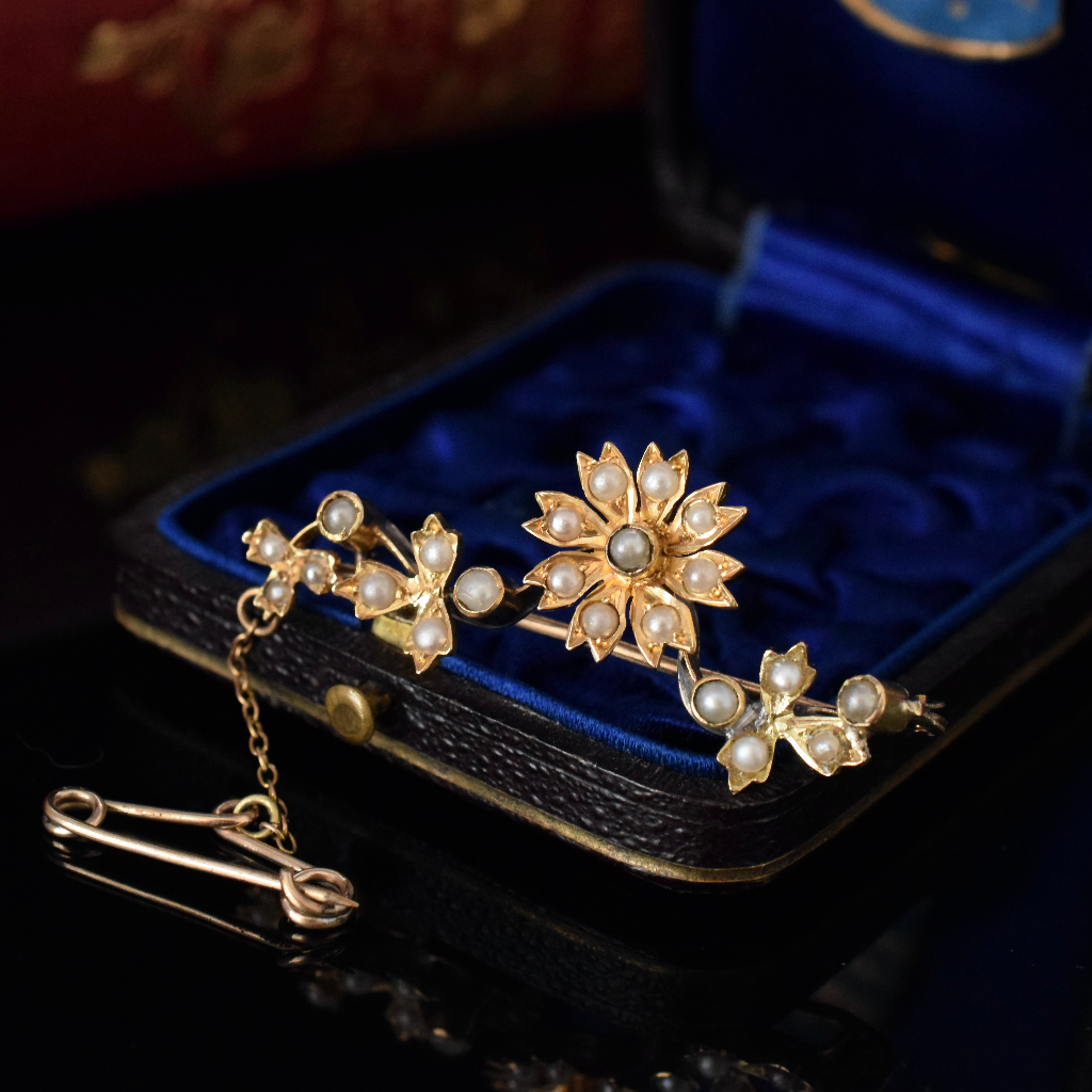Antique Australian 15ct Yellow Gold Seed Pearl Floral Brooch Circa 1905
