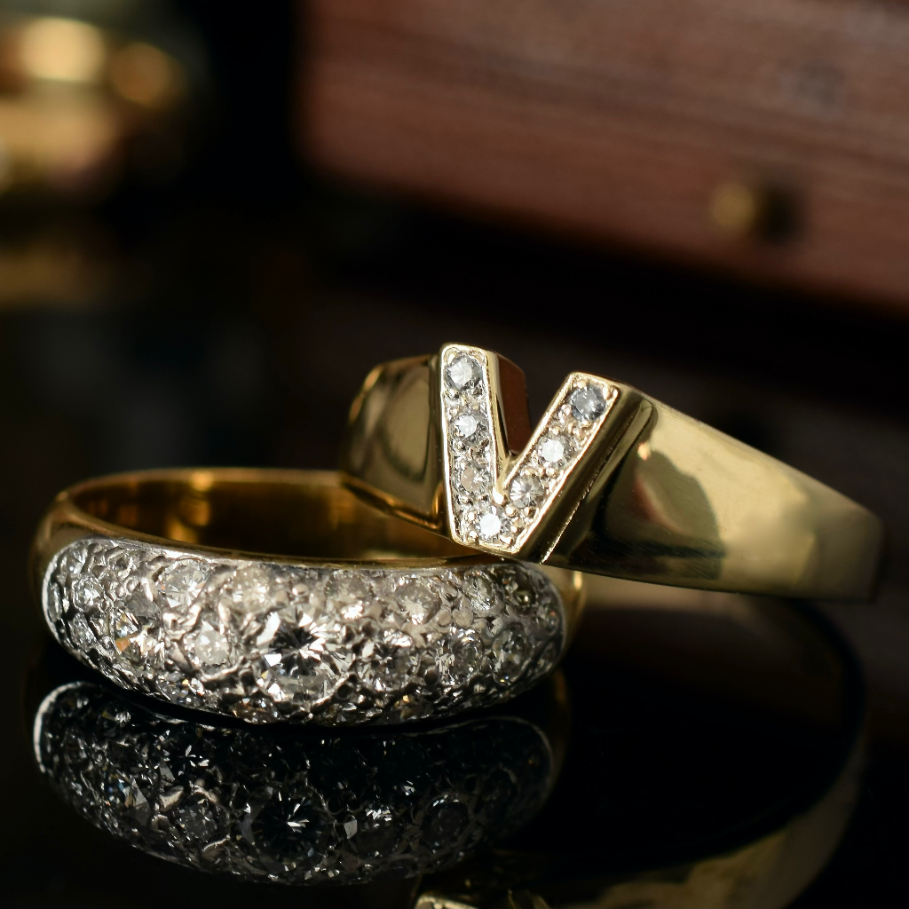 Modern 9ct Yellow Gold And Diamond ‘V’ Initial Ring