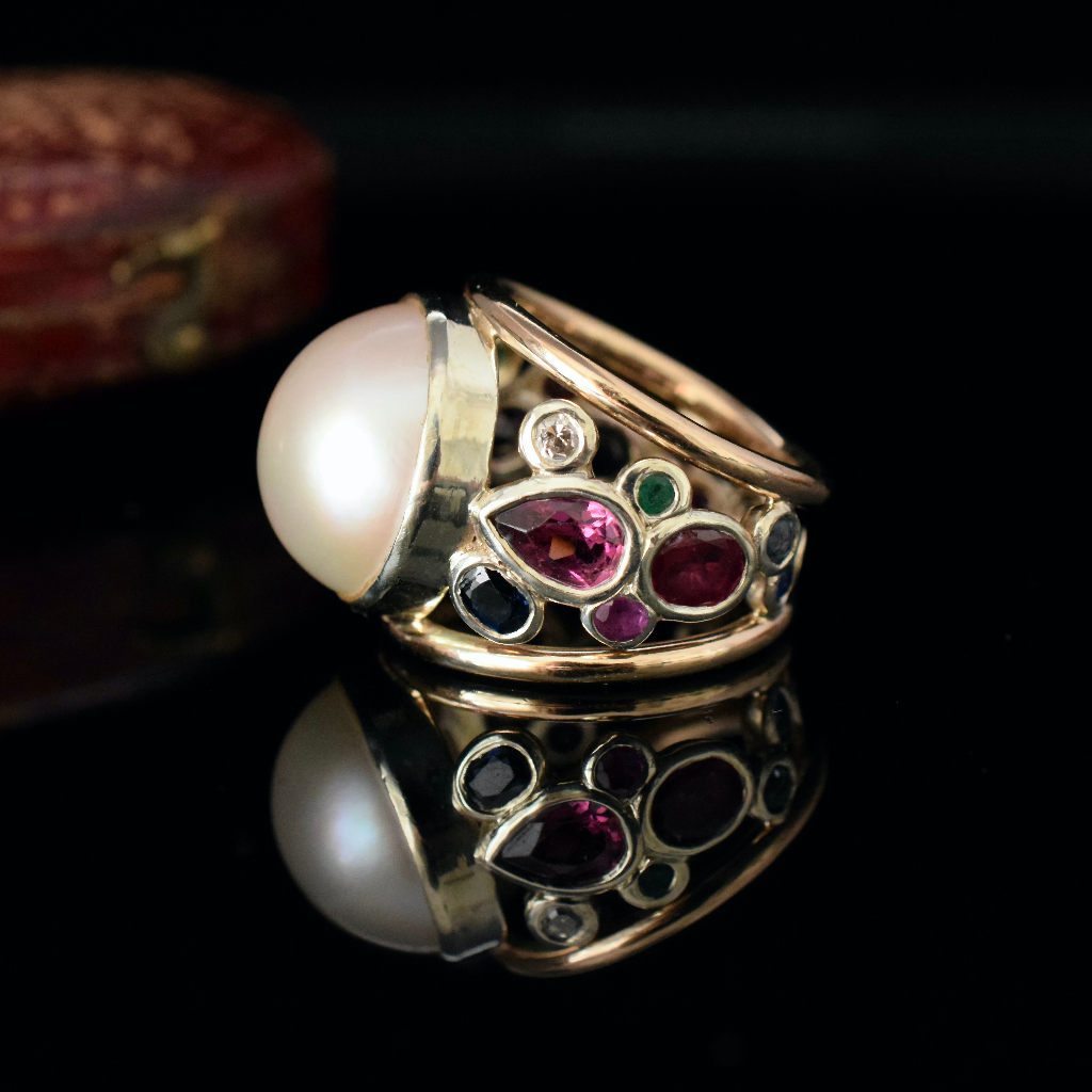 Modern 18ct Yellow Gold Mabe Pearl Sapphire, Ruby, Emerald Diamond Ring (Independent Valuation Included In Purchase For - $8000)
