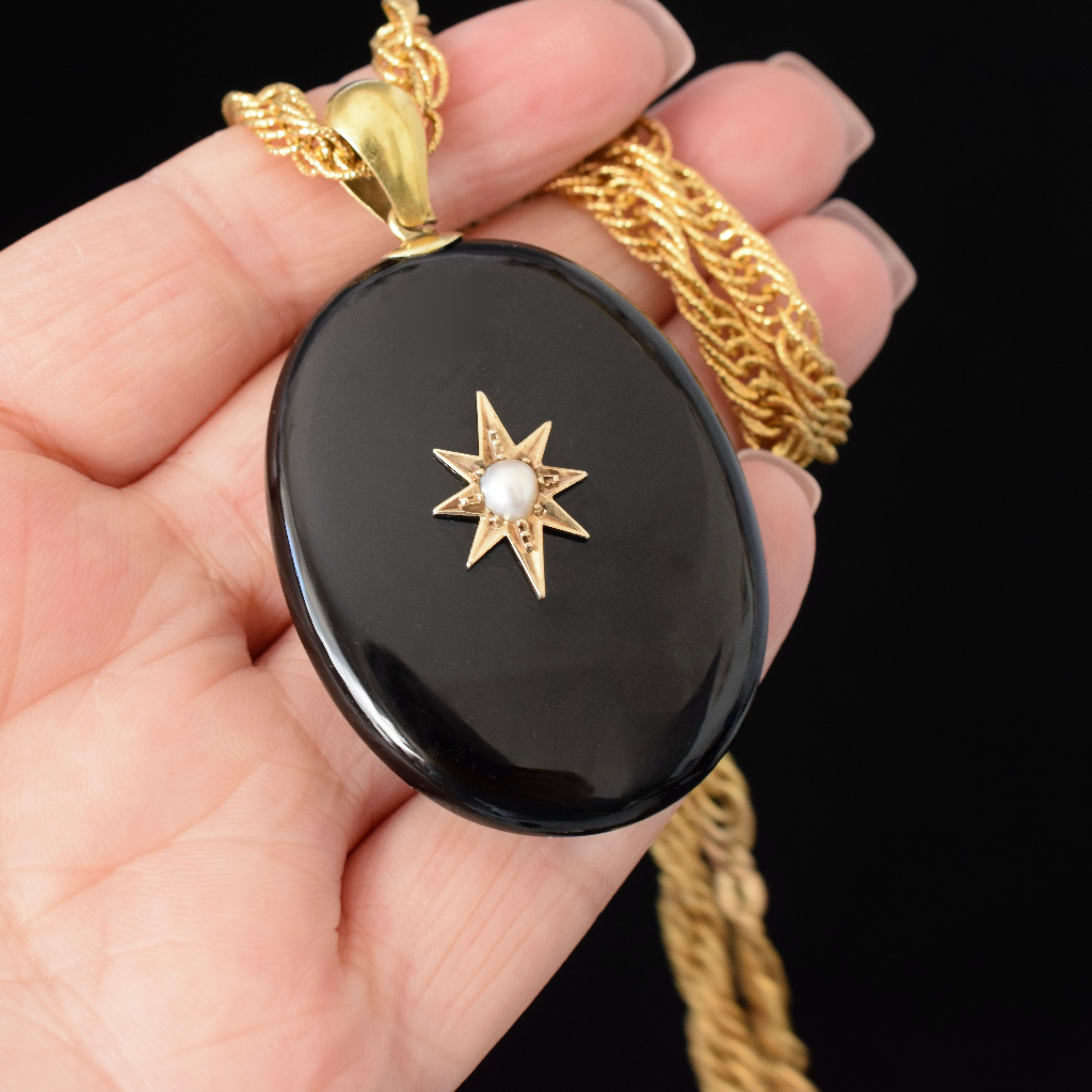 Antique Victorian 18ct Gold Onyx And Pearl Locket Pendant Circa 1880