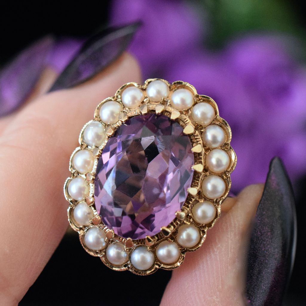 Antique Victorian 9ct Yellow Gold Amethyst Split Pearl Ring